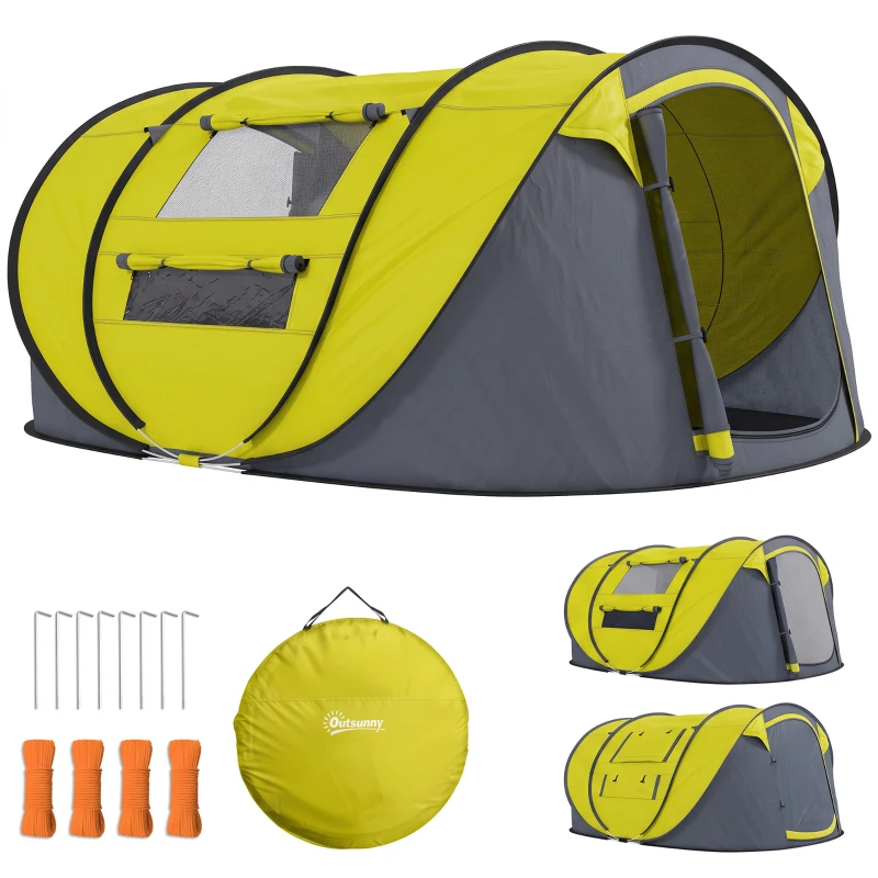 Outsunny 3 Person Camping Tent, Easy Pop Up Tent with Doors, Windows and Carry Bag, Automatic Setup Tent for Hiking, Yellow