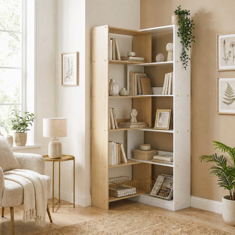 HOMCOM Corner Bookshelf, 5-Tier L-Shaped Bookcase with 350° Rotating Design, Two-Tone Design, Fruitwood/White