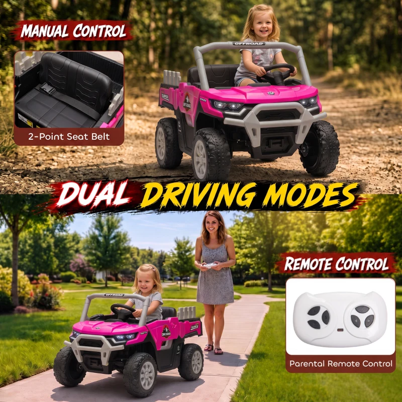 Qaba Kids Ride On Tractor, 12V Electric Tractor with Remote Control, Dual Motors, Music, Cargo Bed, Rear Suspension, Pink
