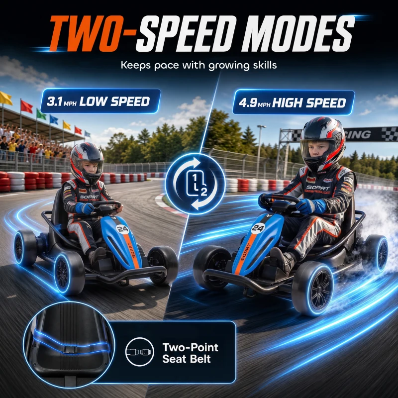 Qaba 24V Electric Drift Go Kart for Kids with Dual Motors, Soft Start, PU Wheels, 7.5MPH High Speed, for Ages 6+, Blue