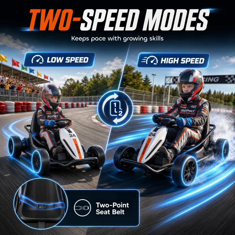 Qaba 24V Electric Drift Go Kart for Kids with Dual Motors, Soft Start, PU Wheels, 7.5MPH High Speed, for Ages 6+, White