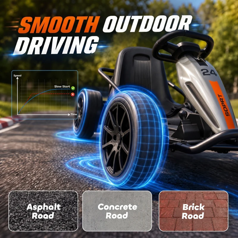 Qaba 24V Electric Drift Go Kart for Kids with Dual Motors, Soft Start, PU Wheels, 7.5MPH High Speed, for Ages 6+, Gray