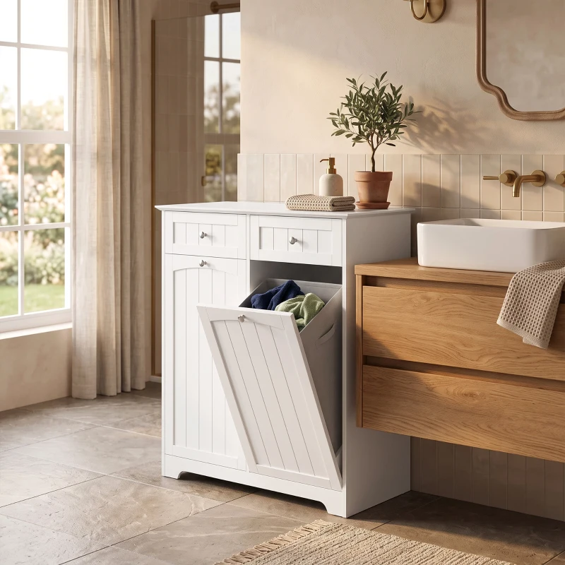 HOMCOM Laundry Cabinet with 2 Removable Laundry Bags, Tilt-Out Laundry Hamper with 2 Drawers, White