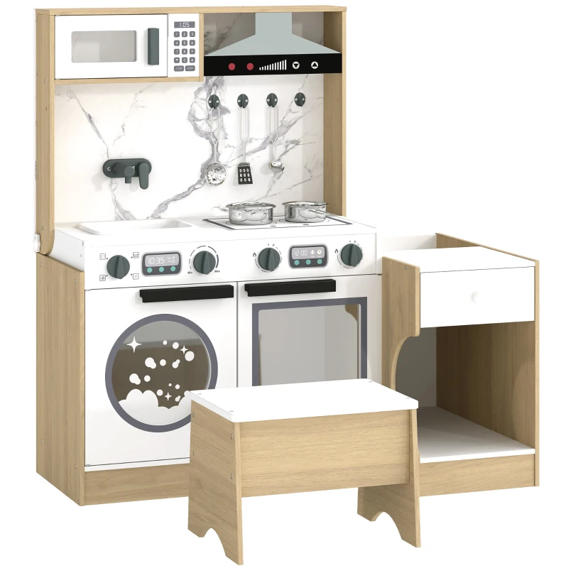 Qaba Kids Kitchen Playset, 2-in-1 Convertible Table and Chair Set with Sink, Oven, Microwave, Accessories for 3-8