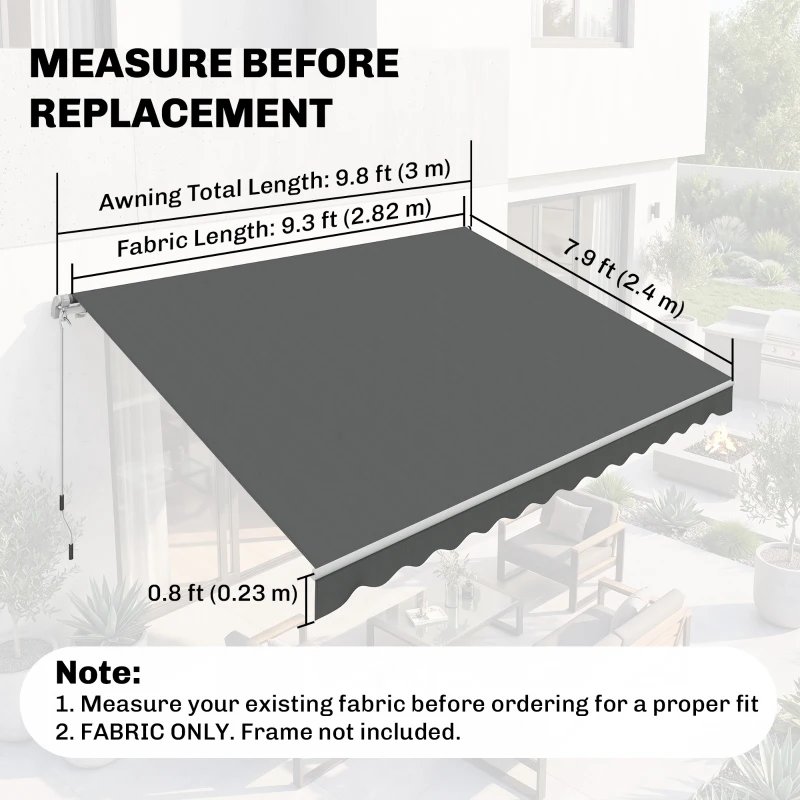 Outsunny Retractable Awning Fabric Replacement for 10' x 8' Outdoor Sunshade Canopy Awning, UV Protection Cover, Grey
