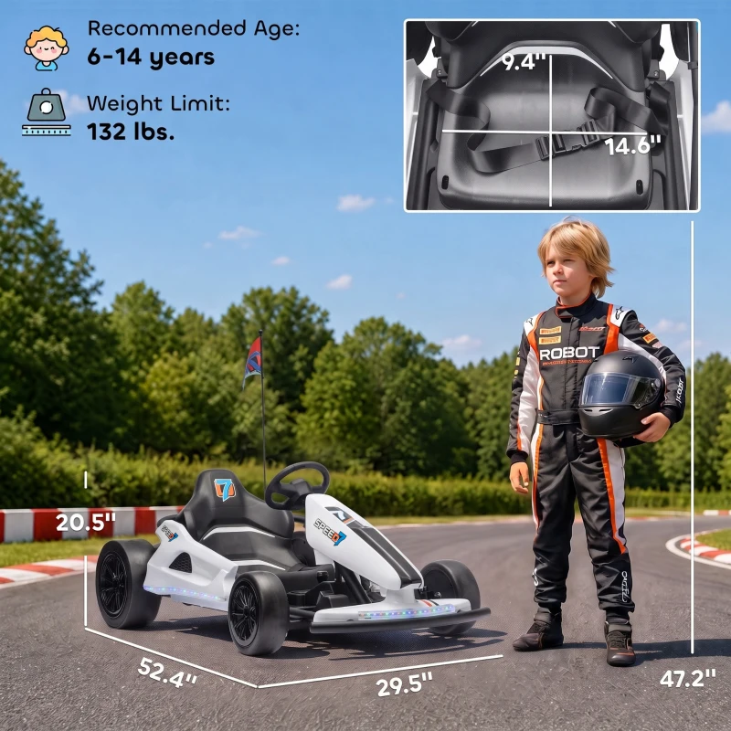 Qaba 24V Electric Drift Go Kart for Kids with Dual Motors, Soft Start, PU Wheels, 7.5MPH High Speed, for Ages 6-14, White