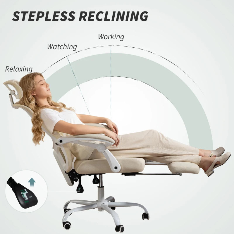 HOMCOM Ergonomic Office Chair, Mesh Reclining Desk Chair with Adjustable Lumbar Support, Headrest, Beige