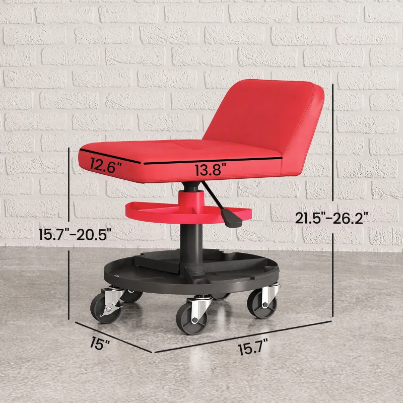 HOMCOM Rolling Creeper Garage Stool, 300 LBS Capacity Mechanic Stool with 360° Wheels, Tool Tray, Adjustable Height, Red