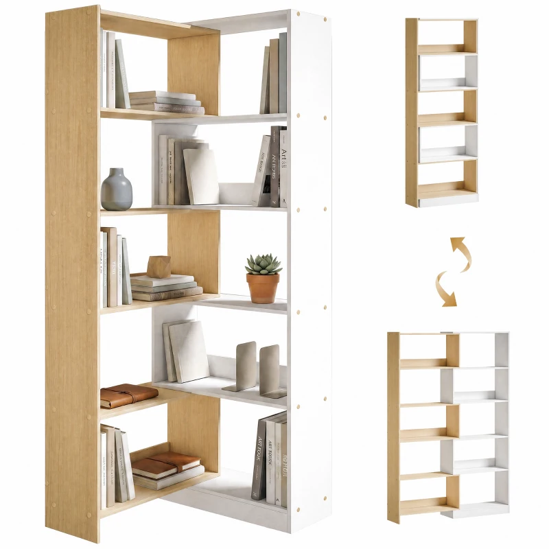 HOMCOM Corner Bookshelf, 5-Tier L-Shaped Bookcase with 350° Rotating Design, Two-Tone Design, Fruitwood/White