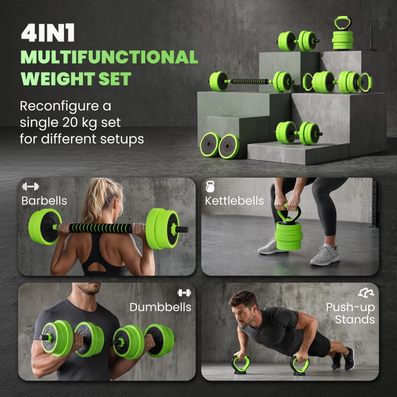 Soozier 44lbs 4-in-1 Adjustable Weight Dumbbell Set, Barbell, Kettlebell, Push Up Stand, Green