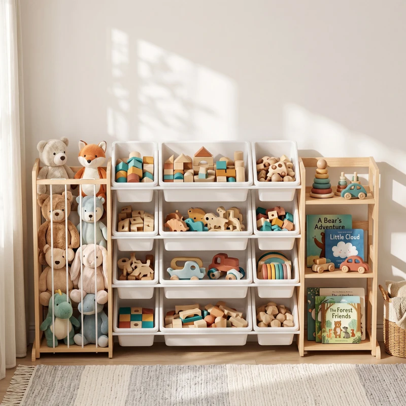 Qaba 3-in-1 Wooden Toy Storage Organizer with Stuffed Animal Storage, Bookshelf, 12 Bins for Bedroom, Playroom, Nursery
