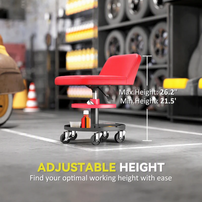 HOMCOM Rolling Creeper Garage Stool, 300 LBS Capacity Mechanic Stool with 360° Wheels, Tool Tray, Adjustable Height, Red