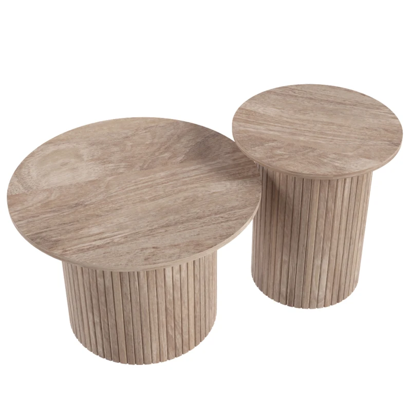 HOMCOM Round Nesting Coffee Table Set of 2, Fluted Mid Century Modern Circle Side Tables, Weathered Coffee Wood Grain