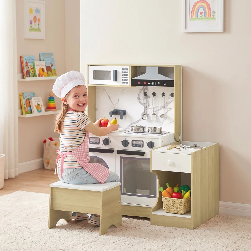 Qaba Play Kitchen Set for Kids, 2-in-1 Convertible Table and Chair Set, Kitchen Playset with Sink, Oven, Accessories for 3-8
