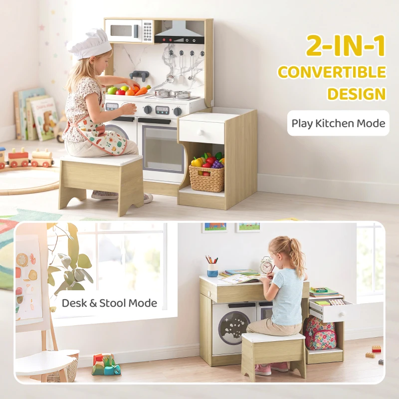 Qaba Kids Kitchen Playset, 2-in-1 Convertible Table and Chair Set with Sink, Oven, Microwave, Accessories for 3-8