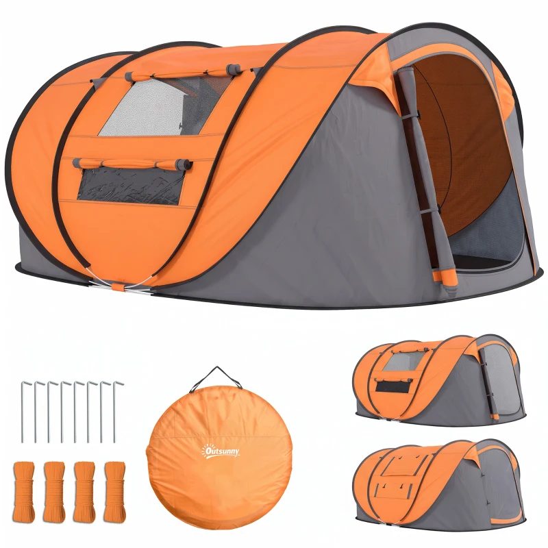 Outsunny 3 Person Camping Tent, Easy Pop Up Tent with Doors, Windows and Carry Bag, Automatic Setup Tent for Hiking, Orange