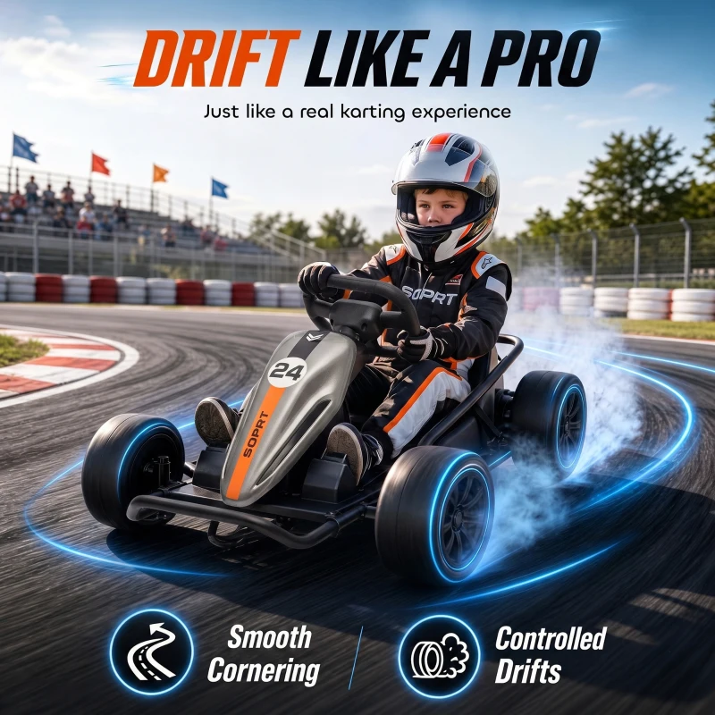 Qaba 24V Electric Drift Go Kart for Kids with Dual Motors, Soft Start, PU Wheels, 7.5MPH High Speed, for Ages 6+, Gray
