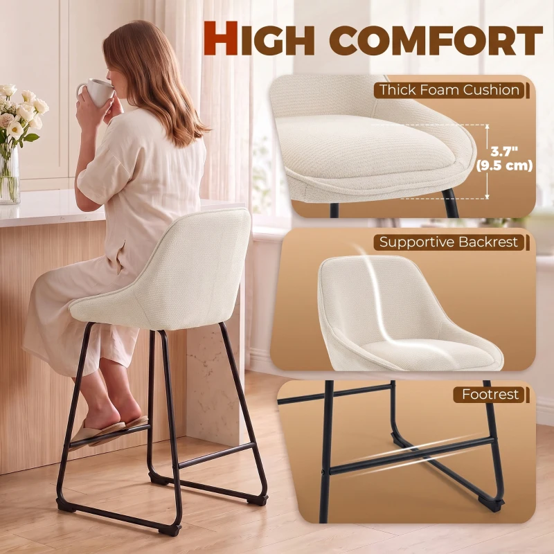 HOMCOM Bar Stools Set of 2 Chenille Barstools Counter Height Bar Chairs Backrest Footrest Cream White