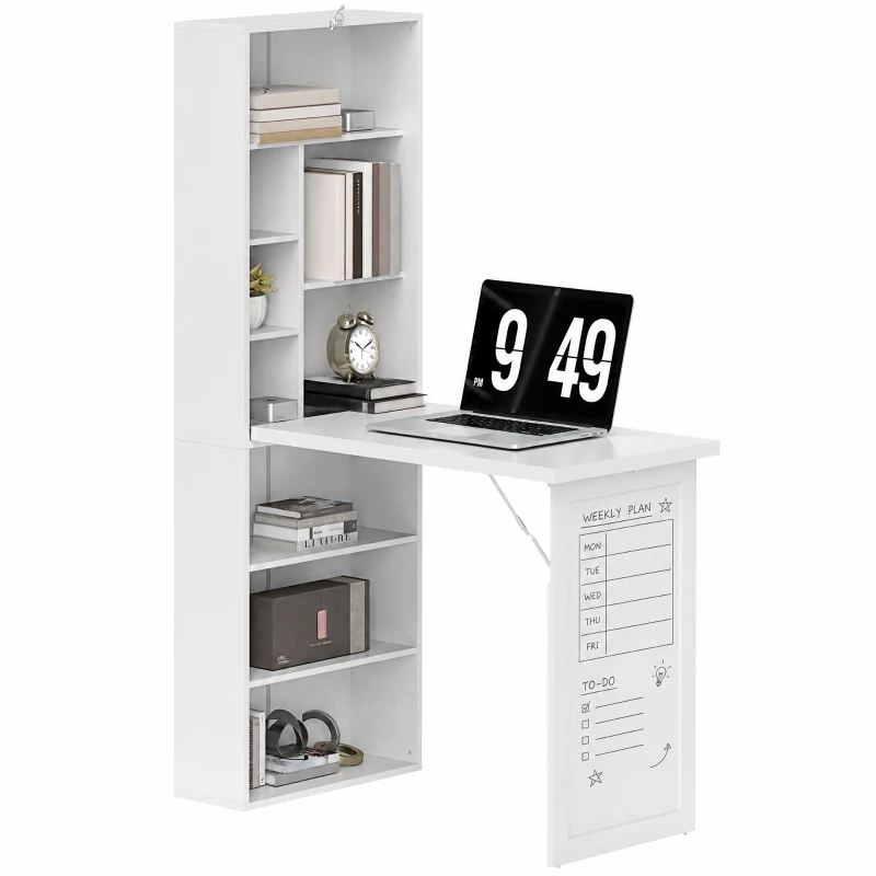 HOMCOM Fold-out Convertible Office Desk, Wall Mount Computer Desk with Whiteboard and Side Shelf, White