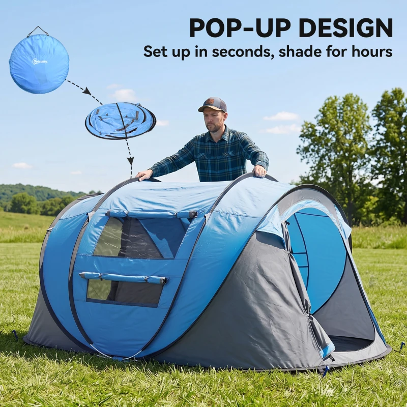 Outsunny 3 Person Camping Tent, Easy Pop Up Tent with Doors, Windows and Carry Bag, Automatic Setup Tent for Hiking, Blue