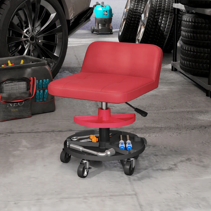 HOMCOM Rolling Creeper Garage Stool, 300 LBS Capacity Mechanic Stool with 360° Wheels, Tool Tray, Adjustable Height, Red