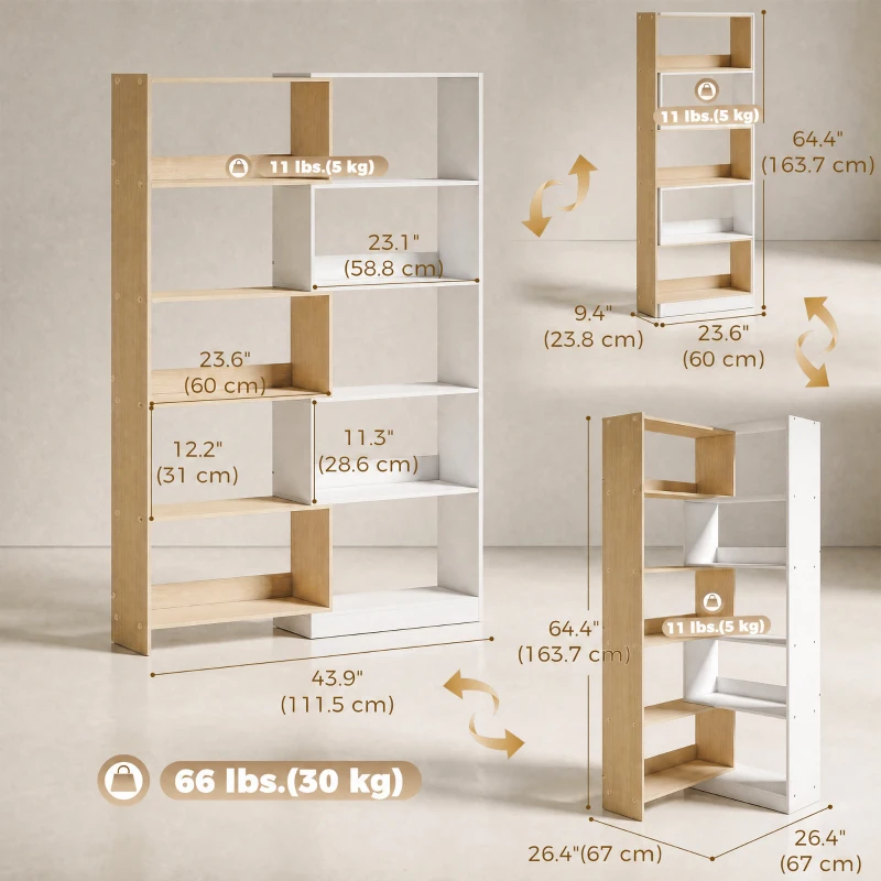 HOMCOM Corner Bookshelf, 5-Tier L-Shaped Bookcase with 350° Rotating Design, Two-Tone Design, Fruitwood/White