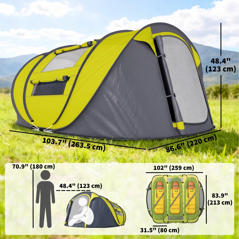 Outsunny 3 Person Camping Tent, Easy Pop Up Tent with Doors, Windows and Carry Bag, Automatic Setup Tent for Hiking, Yellow
