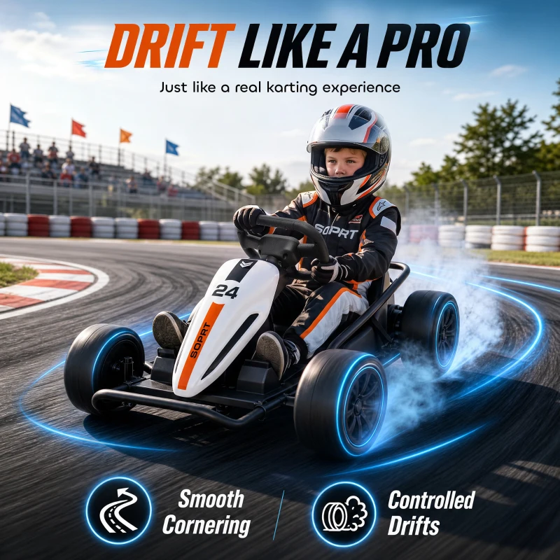 Qaba 24V Electric Drift Go Kart for Kids with Dual Motors, Soft Start, PU Wheels, 7.5MPH High Speed, for Ages 6+, White