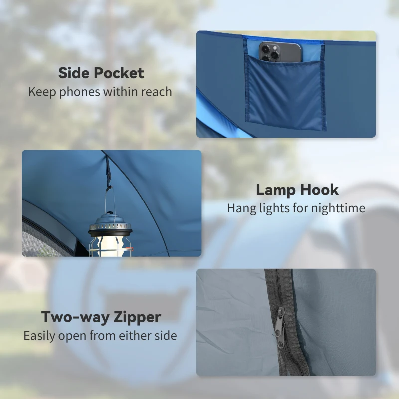 Outsunny 3 Person Camping Tent, Easy Pop Up Tent with Doors, Windows and Carry Bag, Automatic Setup Tent for Hiking, Blue