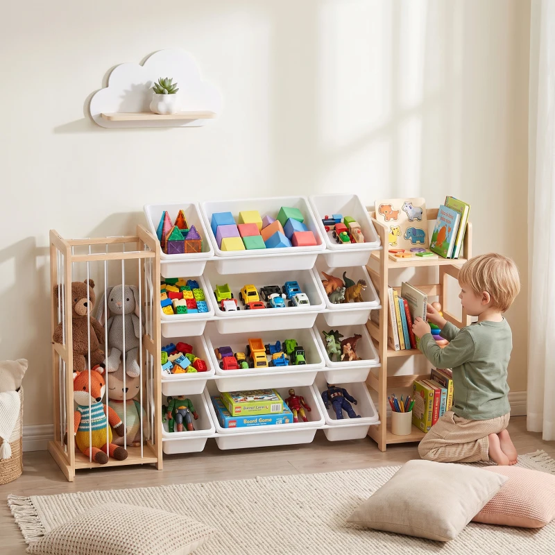 Qaba 3-in-1 Wooden Toy Storage Organizer with Stuffed Animal Storage, Bookshelf, 12 Bins for Bedroom, Playroom, Nursery