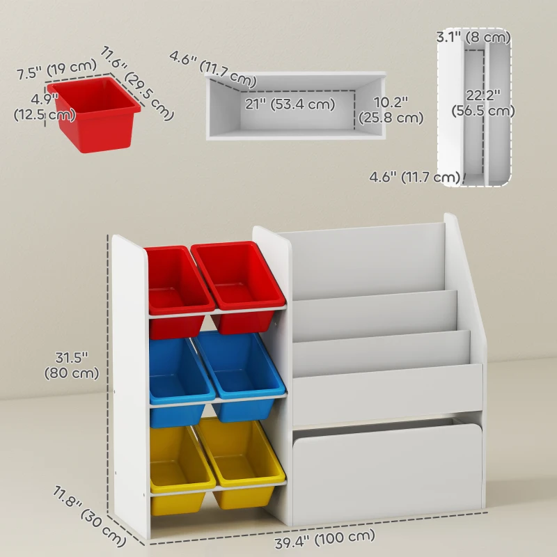 Qaba Kids Bookshelf and Toy Storage, 3-Tier Bookcase with 6 Removable Bins and Box for Toddler Nursery Playroom, Multi