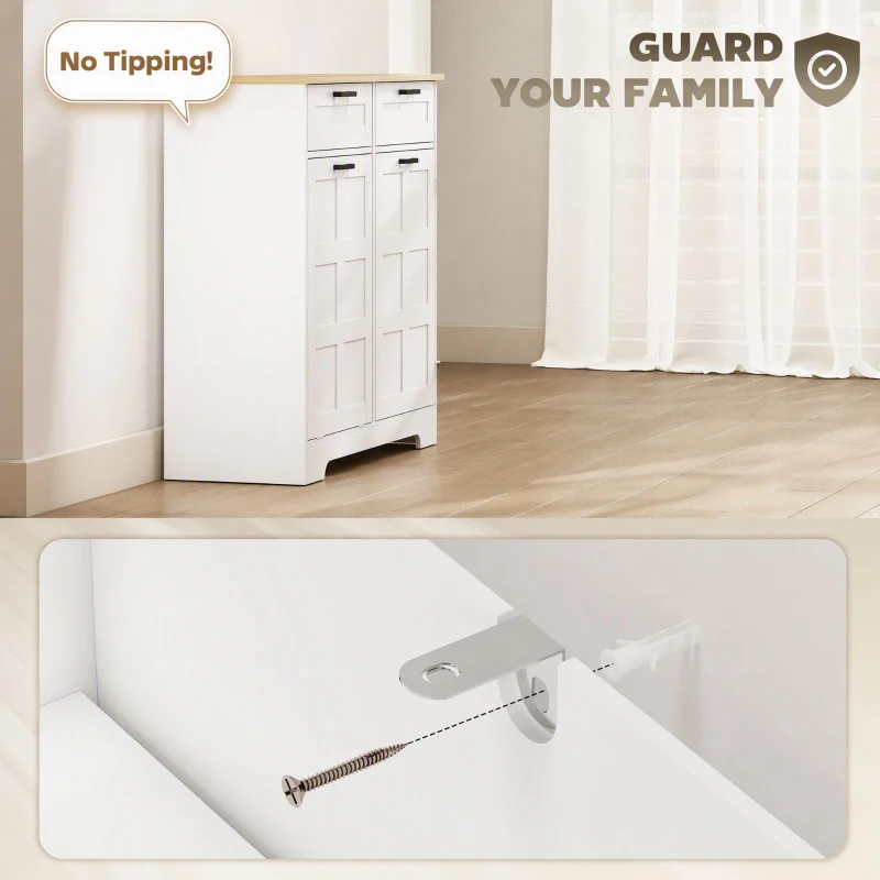 HOMCOM 13 Gallon Tilt Out Garbage Cabinet, Kitchen Island with Trash Cabinet, 2 Drawers, Door Racks, Adjustable Shelves, White