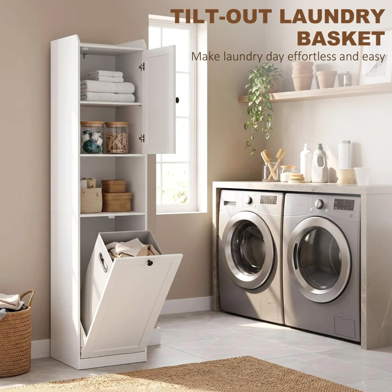 HOMCOM 67" Tall Bathroom Storage Cabinet, Freestanding Narrow Bathroom Cabinet with Tilt-out Laundry Basket, White