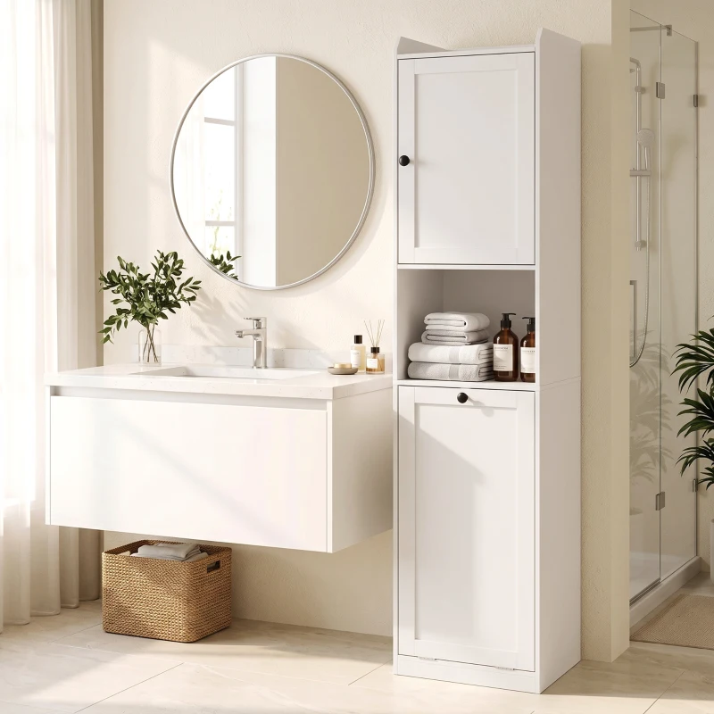 HOMCOM 67" Tall Bathroom Storage Cabinet, Freestanding Narrow Bathroom Cabinet with Tilt-out Laundry Basket, White