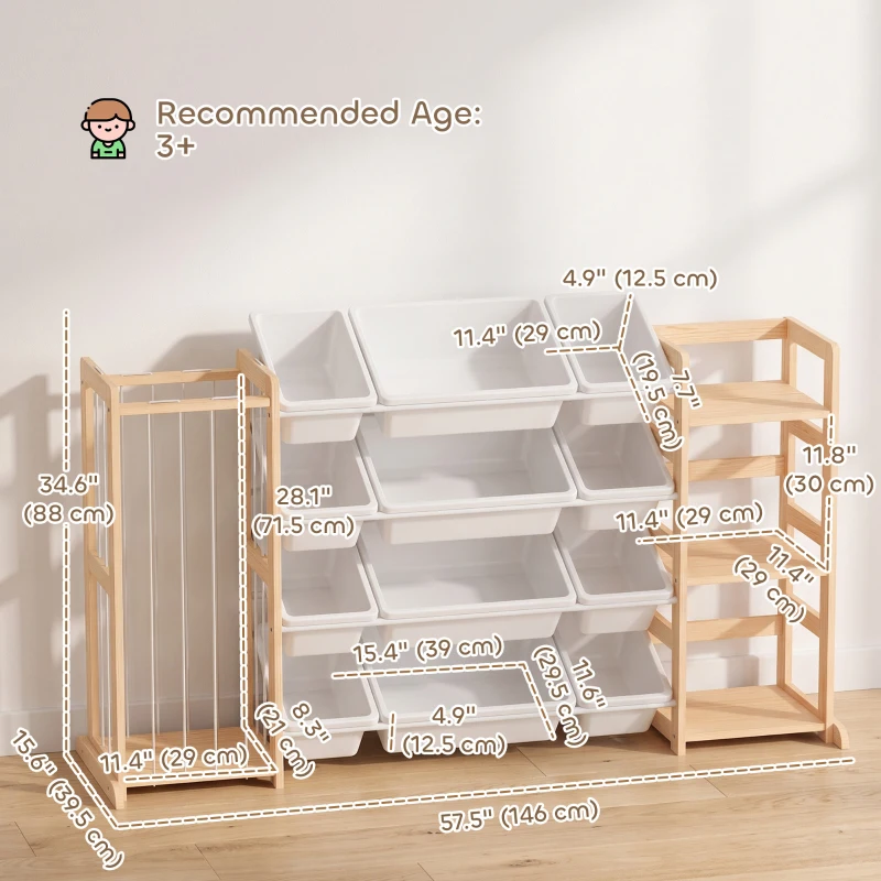 Qaba 3-in-1 Wooden Toy Storage Organizer with Stuffed Animal Storage, Bookshelf, 12 Bins for Bedroom, Playroom, Nursery
