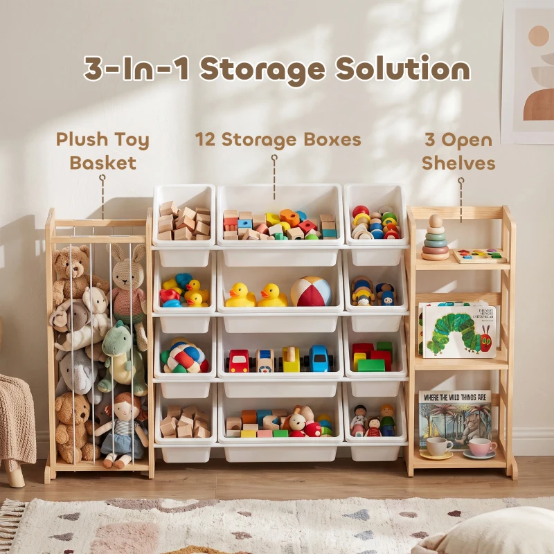 Qaba 3-in-1 Wooden Toy Storage Organizer with Stuffed Animal Storage, Bookshelf, 12 Bins for Bedroom, Playroom, Nursery