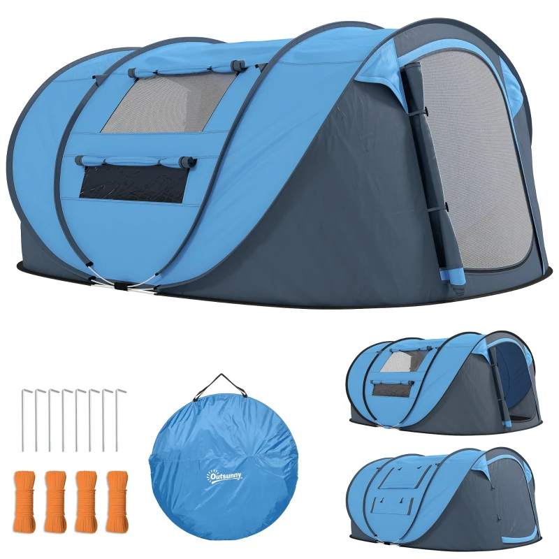 Outsunny 3 Person Camping Tent, Easy Pop Up Tent with Doors, Windows and Carry Bag, Automatic Setup Tent for Hiking, Blue