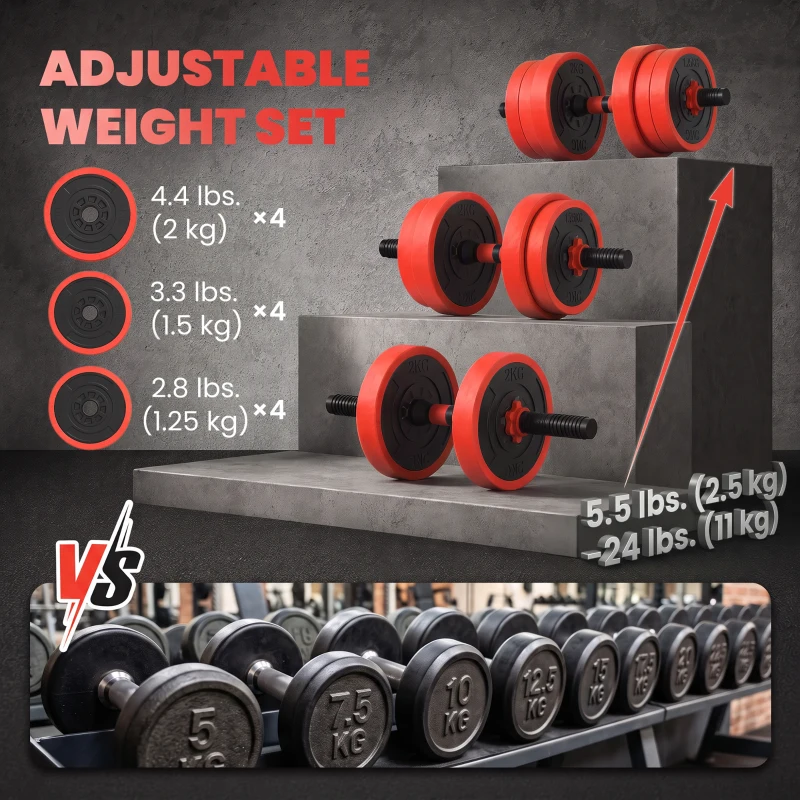 Soozier 44lbs 4-in-1 Adjustable Weight Dumbbell Set, Barbell, Kettlebell, Push Up Stand, Red