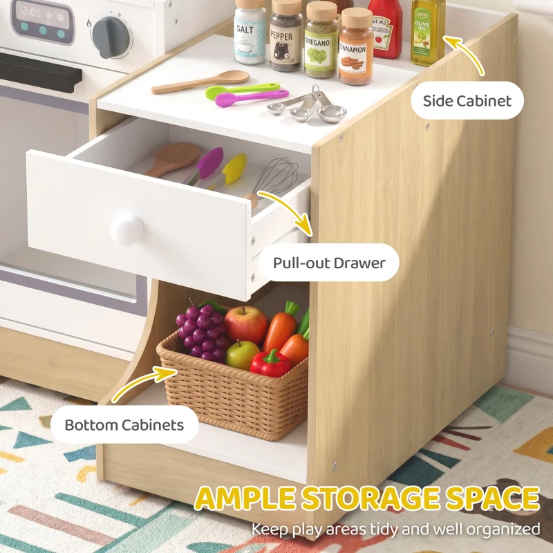 Qaba Kids Kitchen Playset, 2-in-1 Convertible Table and Chair Set with Sink, Oven, Microwave, Accessories for 3-8