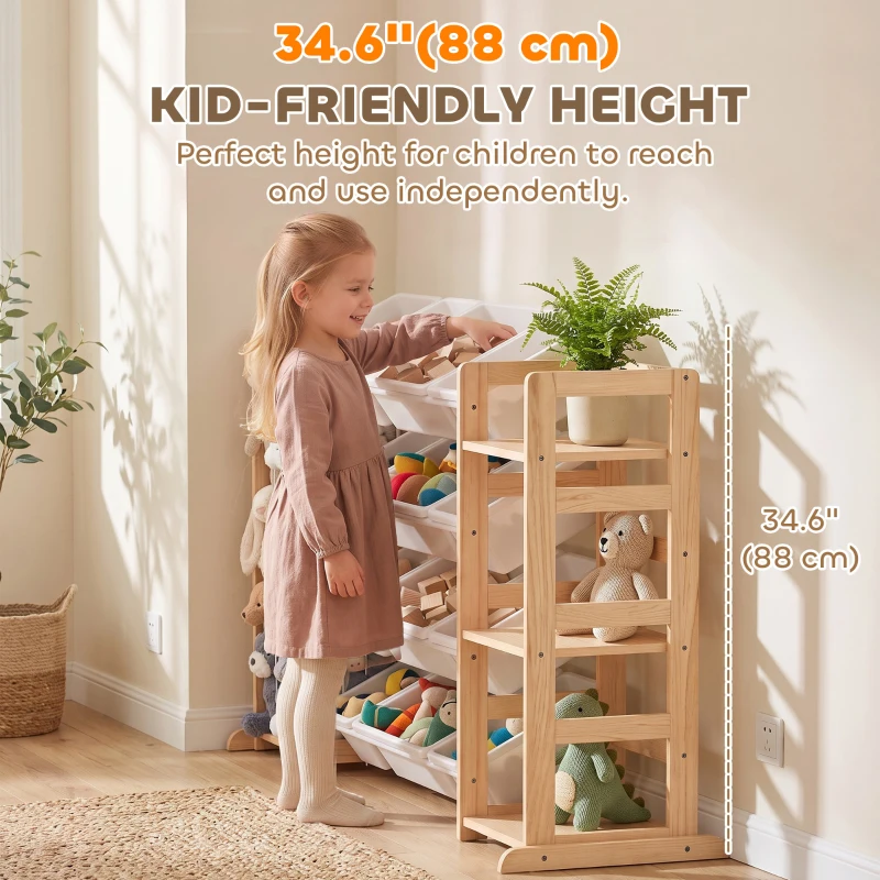 Qaba 3-in-1 Wooden Toy Storage Organizer with Stuffed Animal Storage, Bookshelf, 12 Bins for Bedroom, Playroom, Nursery
