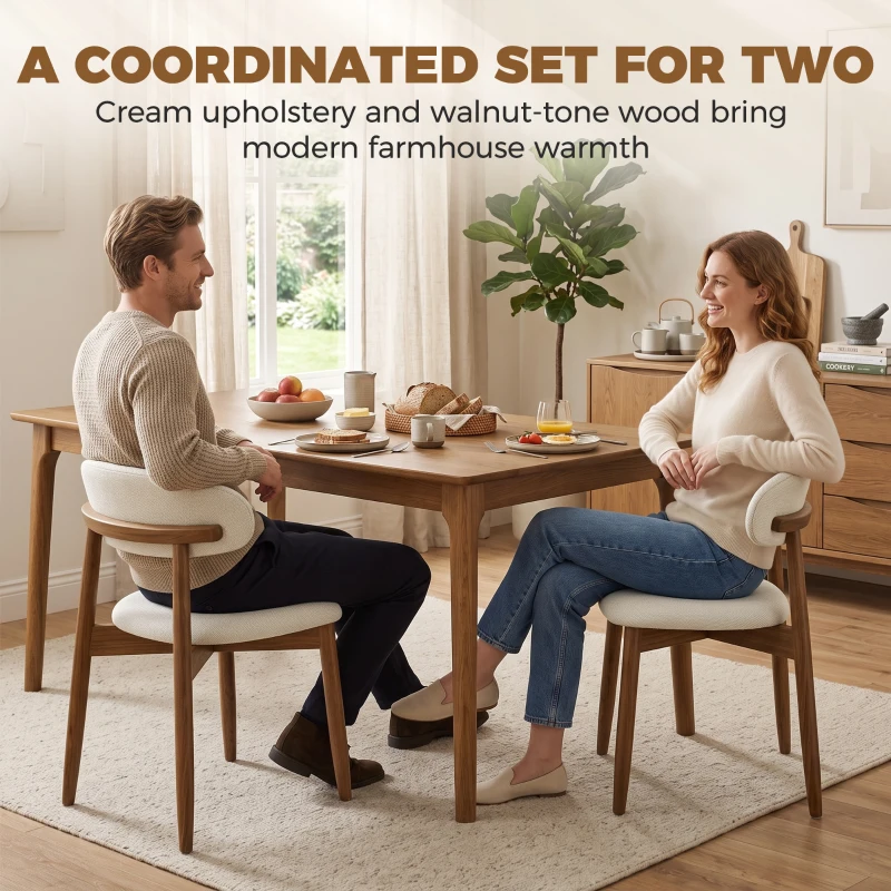 HOMCOM Dining Chairs Faux Linen Upholstered Kitchen Chairs Rubberwood Legs Dining Rooms Set of 2 Cream White