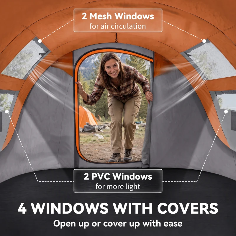 Outsunny 3 Person Camping Tent, Easy Pop Up Tent with Doors, Windows and Carry Bag, Automatic Setup Tent for Hiking, Orange