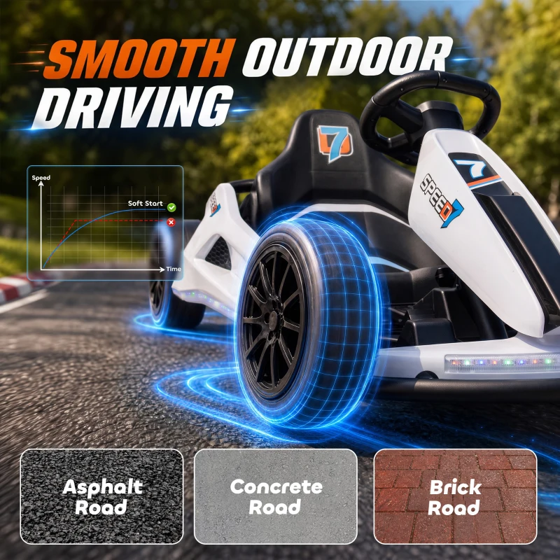 Qaba 24V Electric Drift Go Kart for Kids with Dual Motors, Soft Start, PU Wheels, 7.5MPH High Speed, for Ages 6-14, White