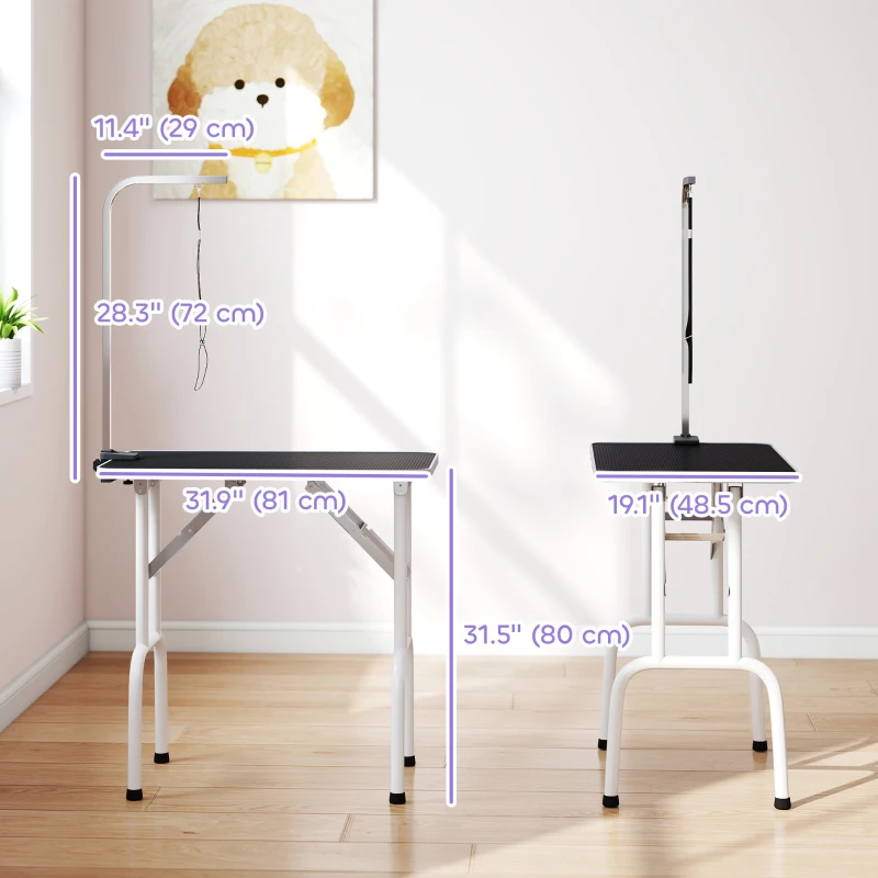 PawHut Foldable Pet Grooming Table for Dogs Cats with Adjustable Arm, Non-slip Surface, Black