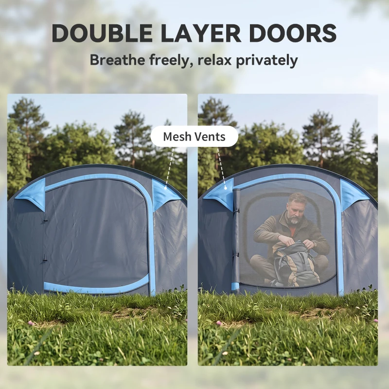 Outsunny 3 Person Camping Tent, Easy Pop Up Tent with Doors, Windows and Carry Bag, Automatic Setup Tent for Hiking, Blue