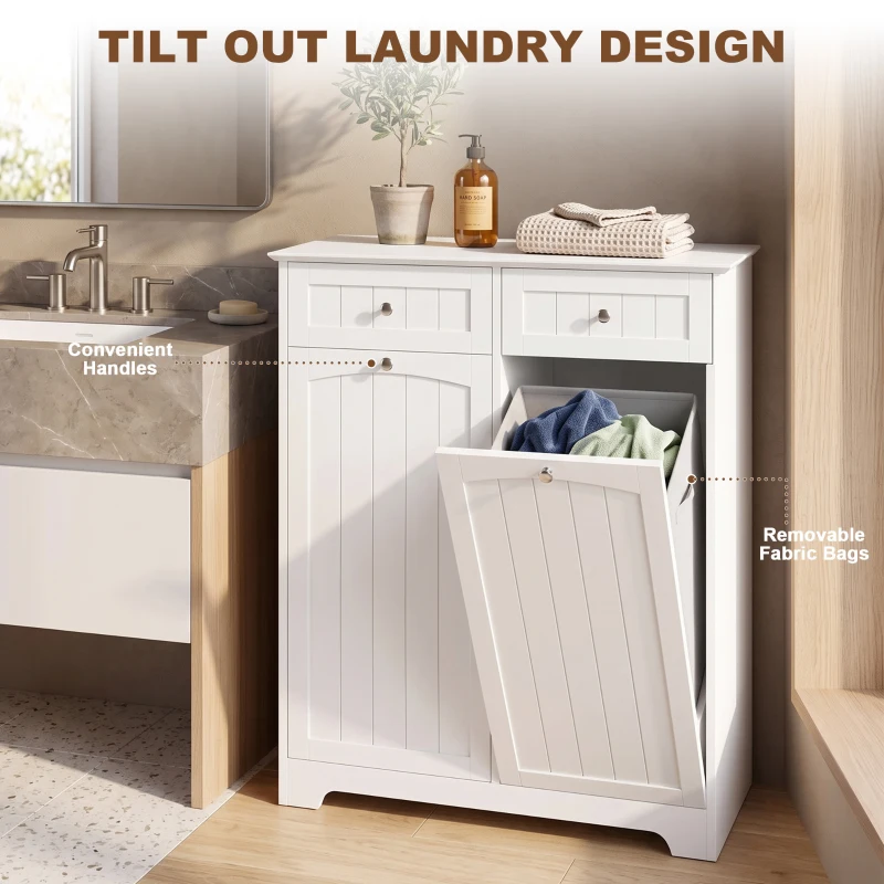 HOMCOM Laundry Cabinet with 2 Removable Laundry Bags, Tilt-Out Laundry Hamper with 2 Drawers, White