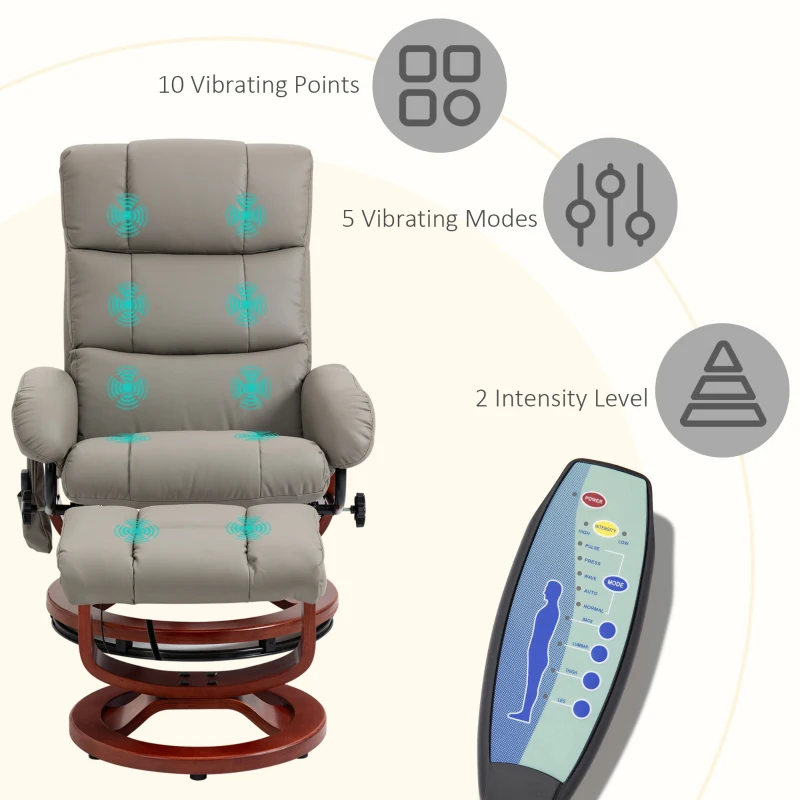 HOMCOM Massage Recliner Chair with Ottoman, Swivel Recliner and Footrest, Faux Leather Reclining Chair w/ Remote Control, Gray