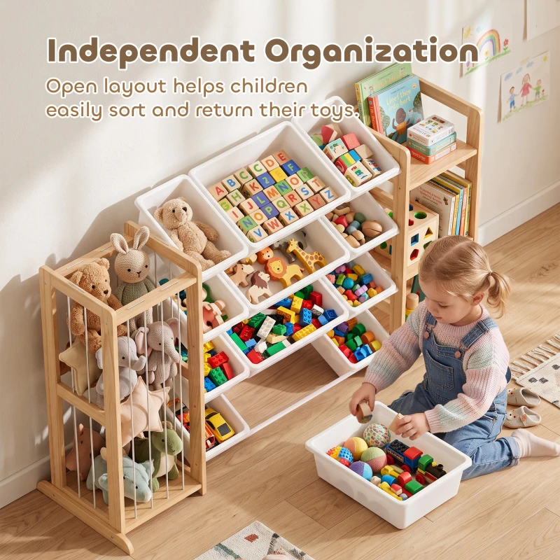 Qaba 3-in-1 Wooden Toy Storage Organizer with Stuffed Animal Storage, Bookshelf, 12 Bins for Bedroom, Playroom, Nursery