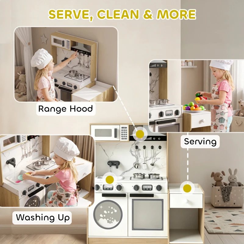 Qaba Play Kitchen Set for Kids, 2-in-1 Convertible Table and Chair Set, Kitchen Playset with Sink, Oven, Accessories for 3-8