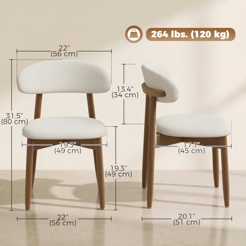 HOMCOM Dining Chairs Faux Linen Upholstered Kitchen Chairs Rubberwood Legs Dining Rooms Set of 2 Cream White